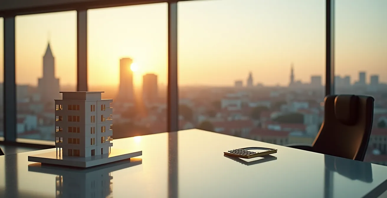 Vue moderne d'un bureau d'expert avec Toulouse en arrière-plan