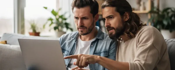 Couple trentenaire consultant une simulation de capacité d'emprunt sur ordinateur portable