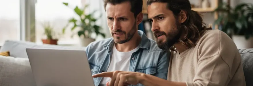 Couple trentenaire consultant une simulation de capacité d'emprunt sur ordinateur portable