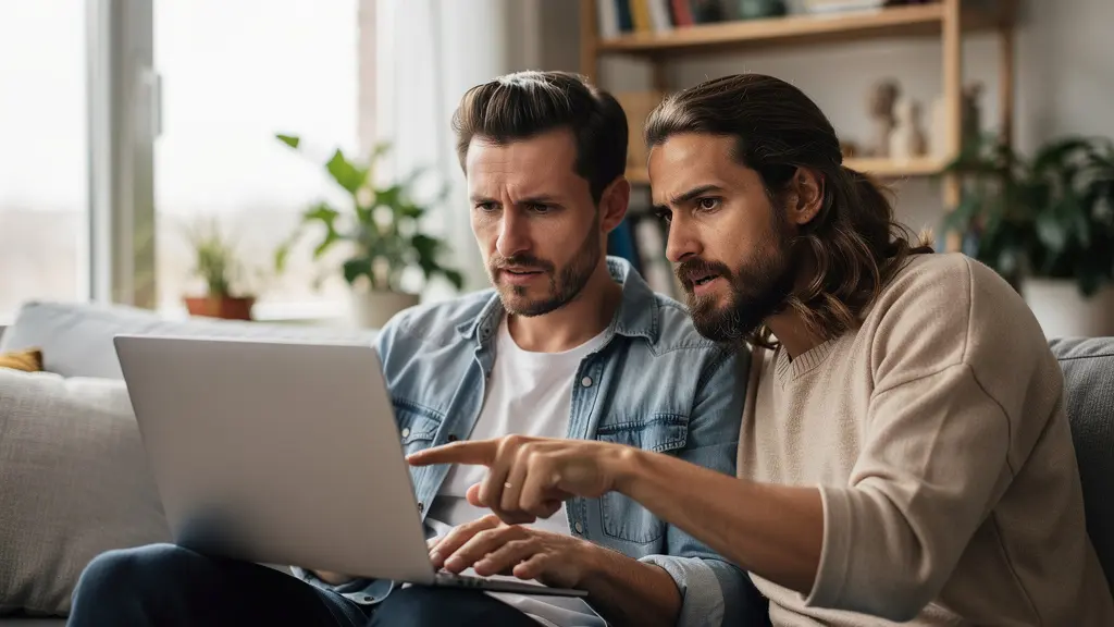 Couple trentenaire consultant une simulation de capacité d'emprunt sur ordinateur portable