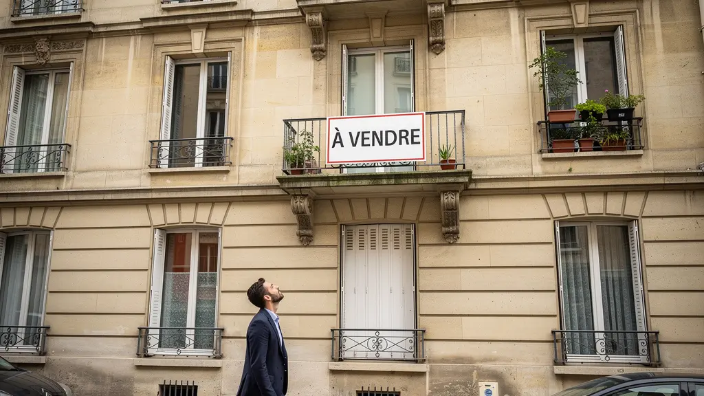 Façade d'immeuble résidentiel avec panneau À vendre visible