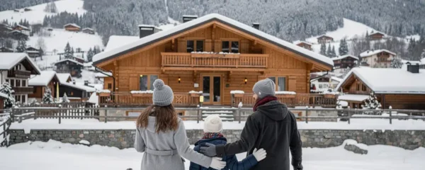 Famille découvrant son hébergement ski à Arêches-Beaufort avec vue montagne enneigée