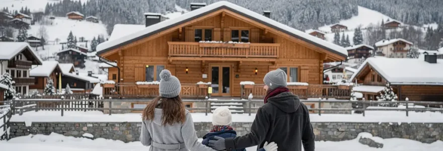 Famille découvrant son hébergement ski à Arêches-Beaufort avec vue montagne enneigée