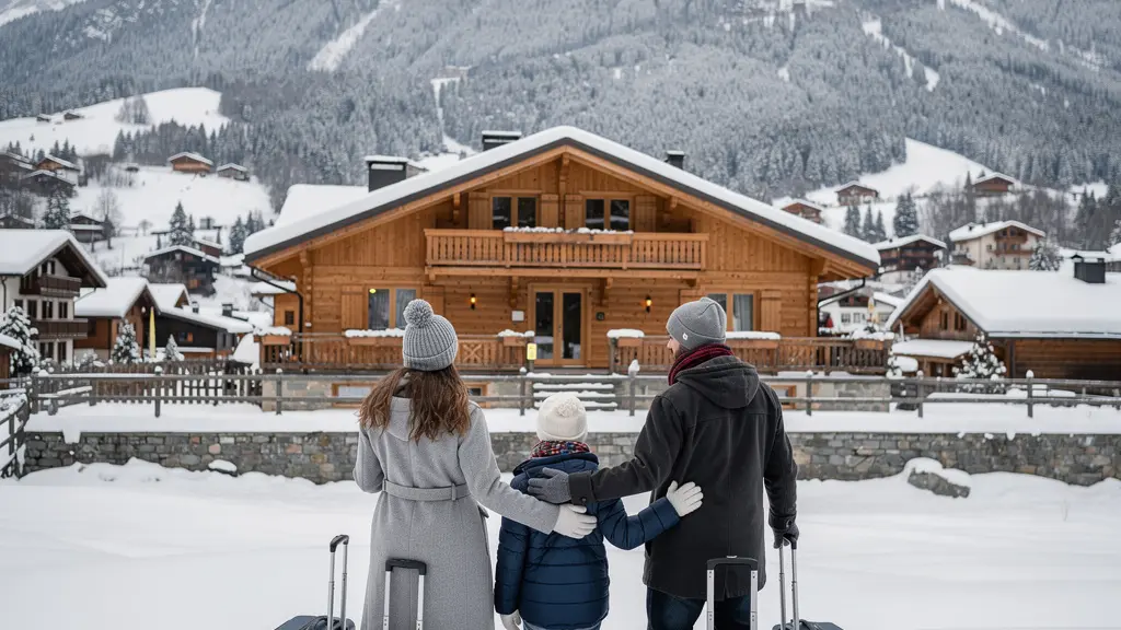 Famille découvrant son hébergement ski à Arêches-Beaufort avec vue montagne enneigée