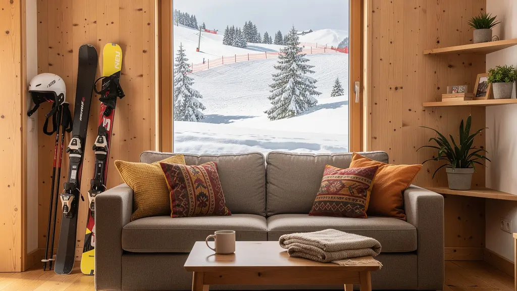 Salon appartement ski Arêches avec vue pistes enneigées et équipement rangé