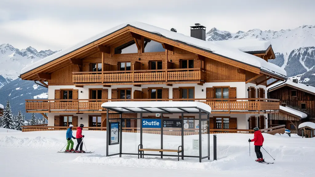 Résidence ski Arêches-Beaufort avec arrêt navette station visible