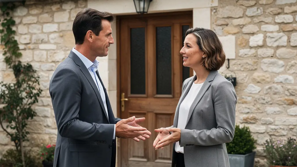 Agent immobilier présentant un bien à un acquéreur devant une maison en pierre