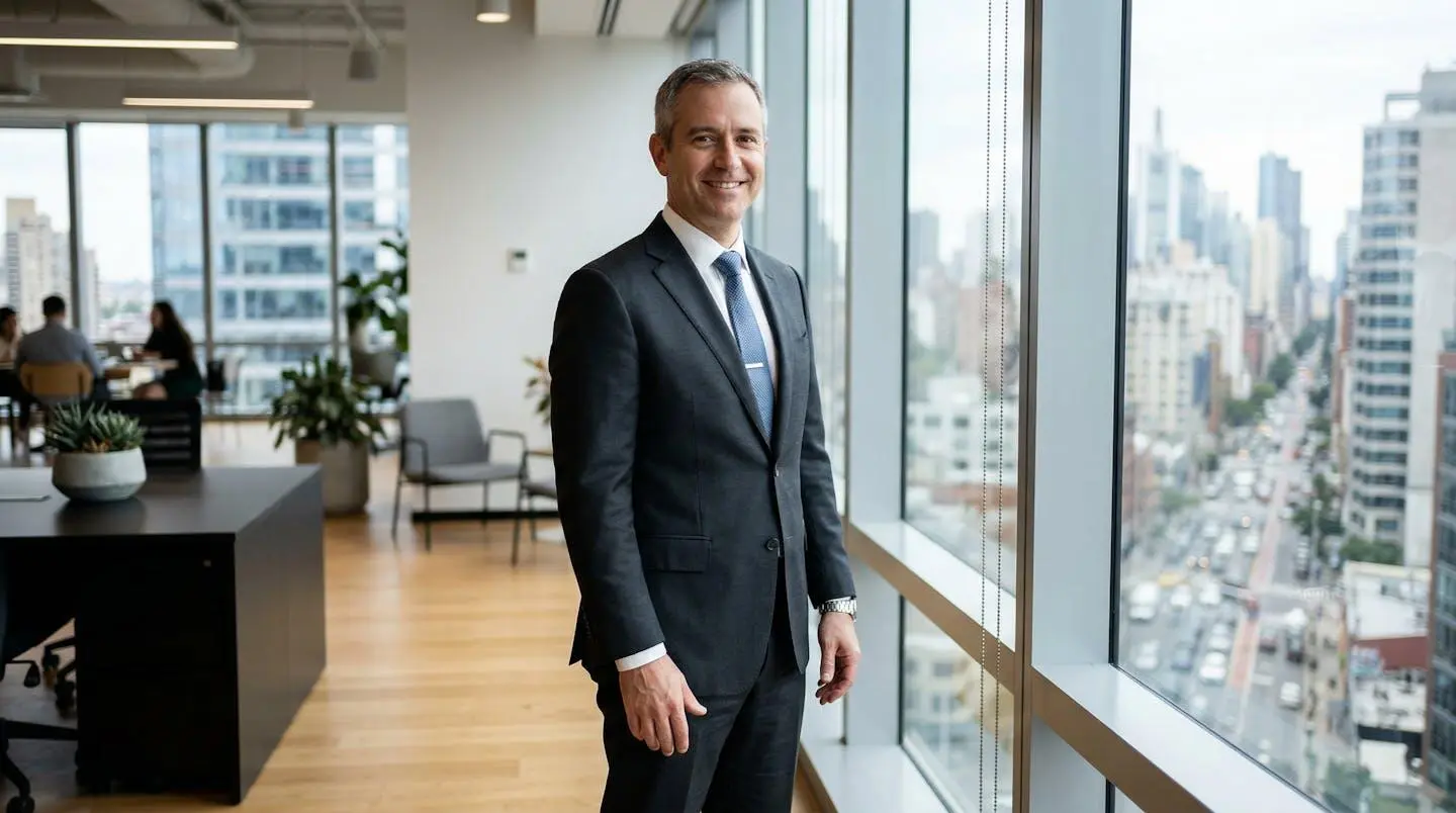 Conseiller en financement immobilier dans un bureau moderne prêt à recevoir un client