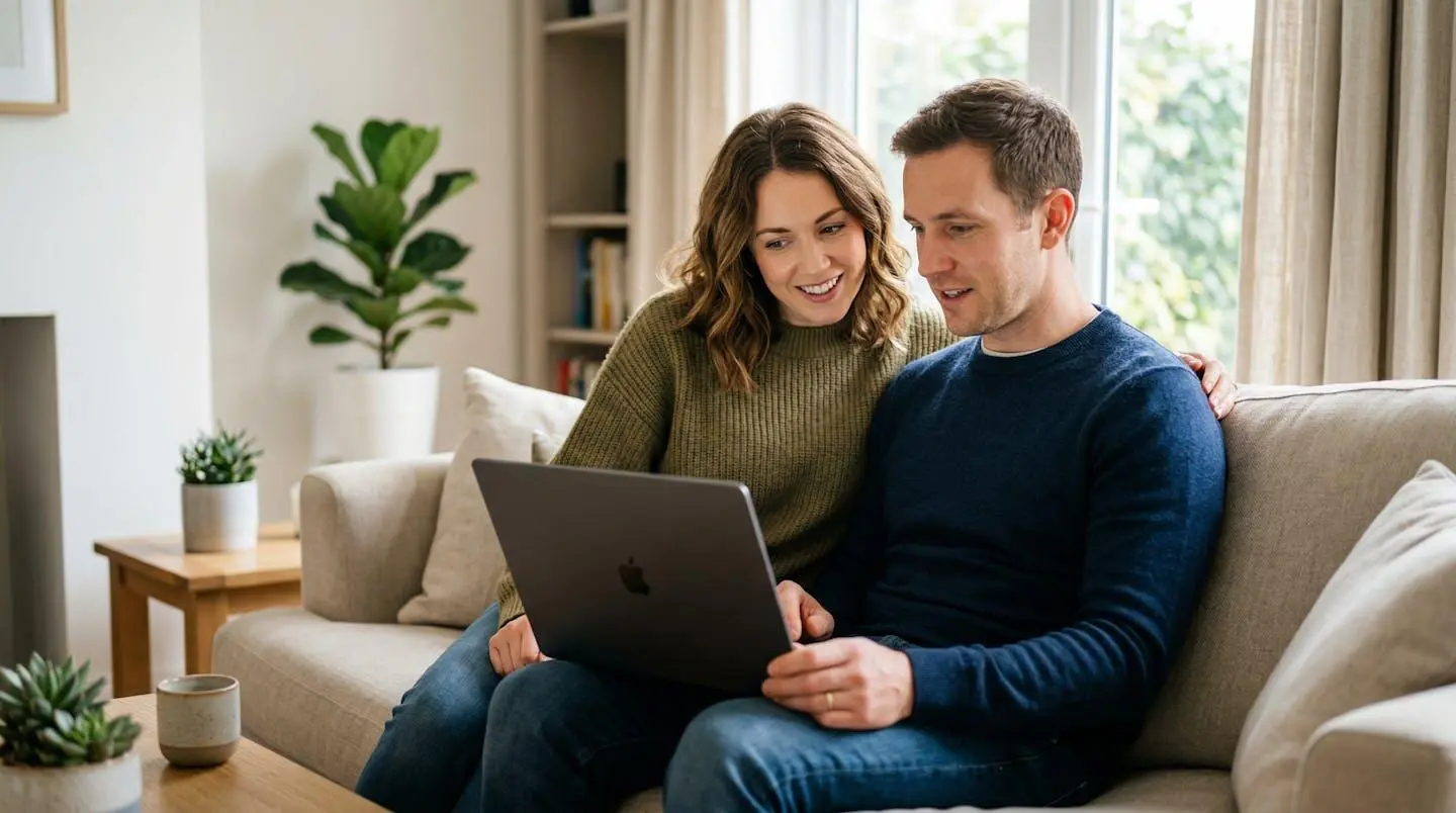 Couple trentenaire consultant ensemble leur projet immobilier dans un salon moderne