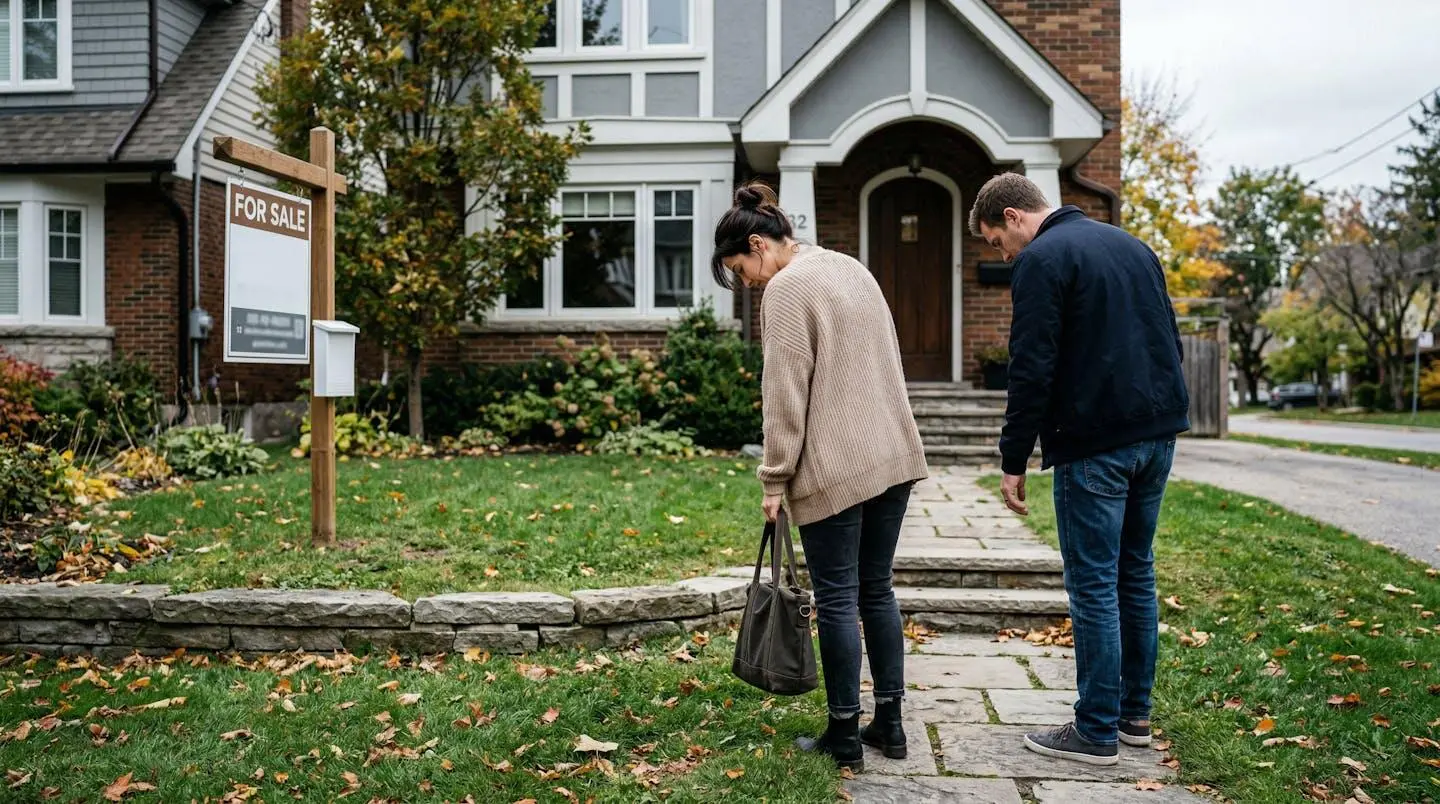 Couple exprimant une légère déception devant une maison avec panneau à vendre