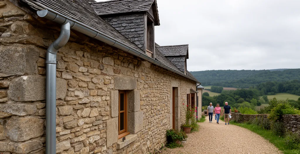 Vue extérieure d'une maison en pierres avec gouttières visibles sous un ciel couvert typique de la Corrèze