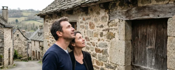 Deux adultes observent la façade et la toiture d'une maison en pierres dans un village corrézien