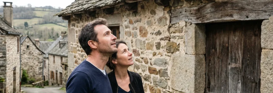Deux adultes observent la façade et la toiture d'une maison en pierres dans un village corrézien