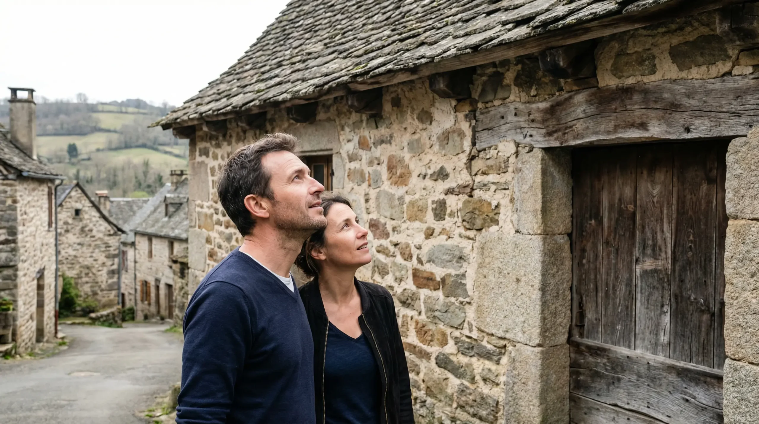 Deux adultes observent la façade et la toiture d'une maison en pierres dans un village corrézien