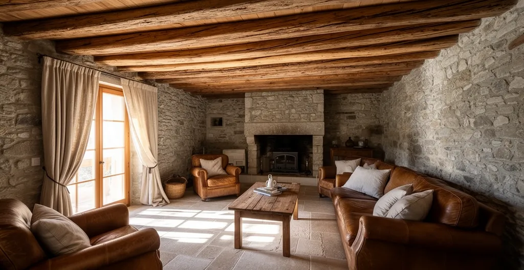 Intérieur d'une maison ancienne avec poutres apparentes et fenêtres laissant entrer la lumière naturelle