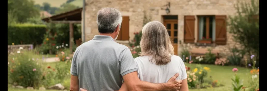 Couple visitant une maison en pierre corrézienne avec jardin