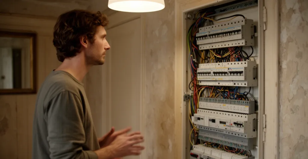 Une personne observe à distance un tableau électrique dans une maison ancienne