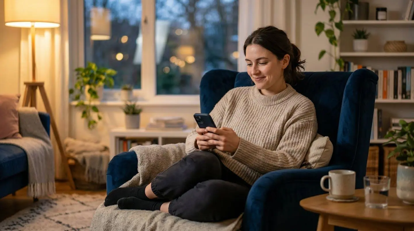 Personne utilisant un smartphone pour simuler sa capacité d'emprunt dans un intérieur confortable