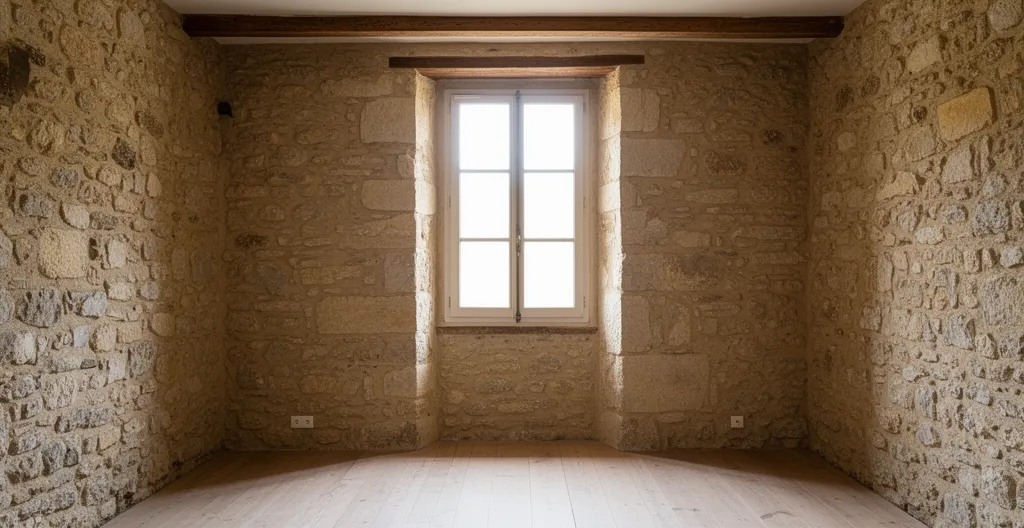 Plan large d'un salon ancien avec murs en pierre et fenêtre laissant passer une lumière diffuse