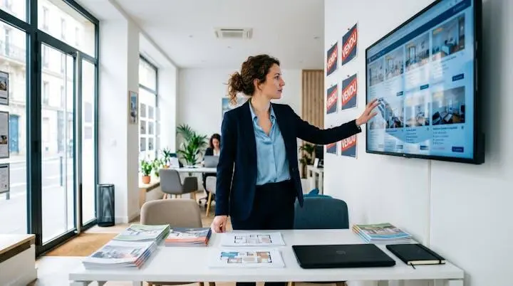 Agent immobilier consultant des annonces sur écran d'ordinateur dans agence moderne avec panneaux 'Vendu' en arrière-plan