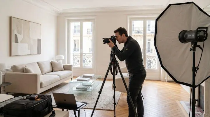 Photographe immobilier professionnel prenant des photos d'un salon home stagé avec équipement visible
