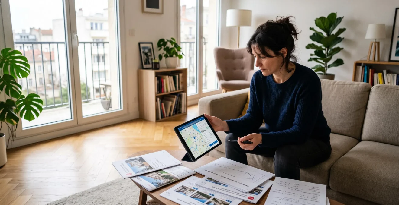 Propriétaire comparant évaluations immobilières sur tablette dans salon d'appartement avec documents étalés sur table