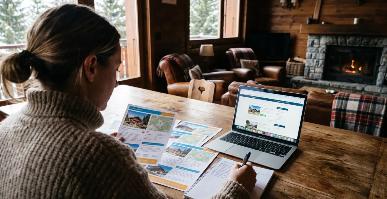 Une acheteuse compare des annonces imprimées et une liste de critères à la table d'un chalet.