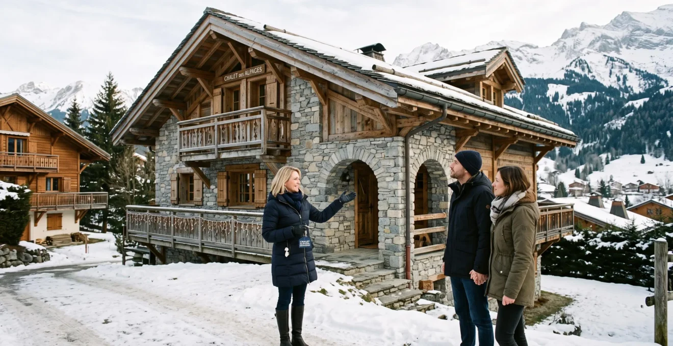 Un agent immobilier présente un chalet en pierre et bois à un couple dans un village de montagne.