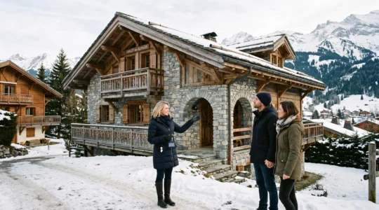 Un agent immobilier présente un chalet en pierre et bois à un couple dans un village de montagne.