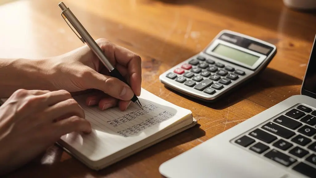 Une personne ajuste ses calculs de budget avec une calculatrice et un carnet.