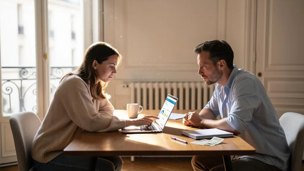 Un couple utilise un ordinateur portable pour simuler son emprunt immobilier à la maison.