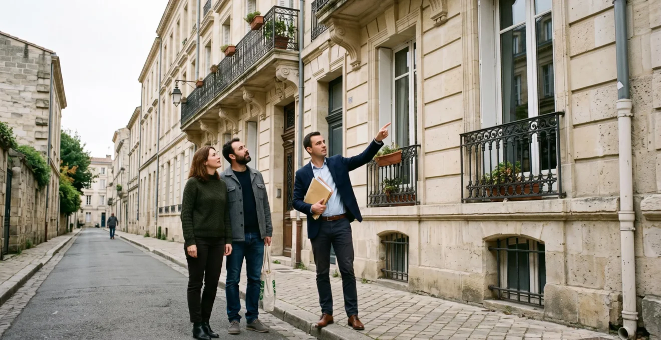 Un courtier présente un immeuble bordelais à un couple acheteur dans une rue de Bordeaux.