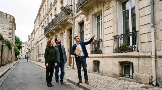 Un courtier présente un immeuble bordelais à un couple acheteur dans une rue de Bordeaux.