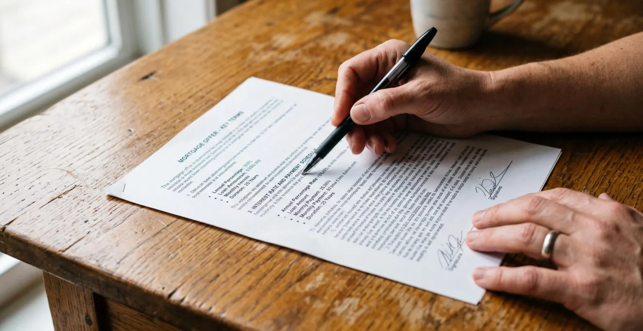 Une main pointe une ligne d'une offre de prêt immobilier posée sur une table.